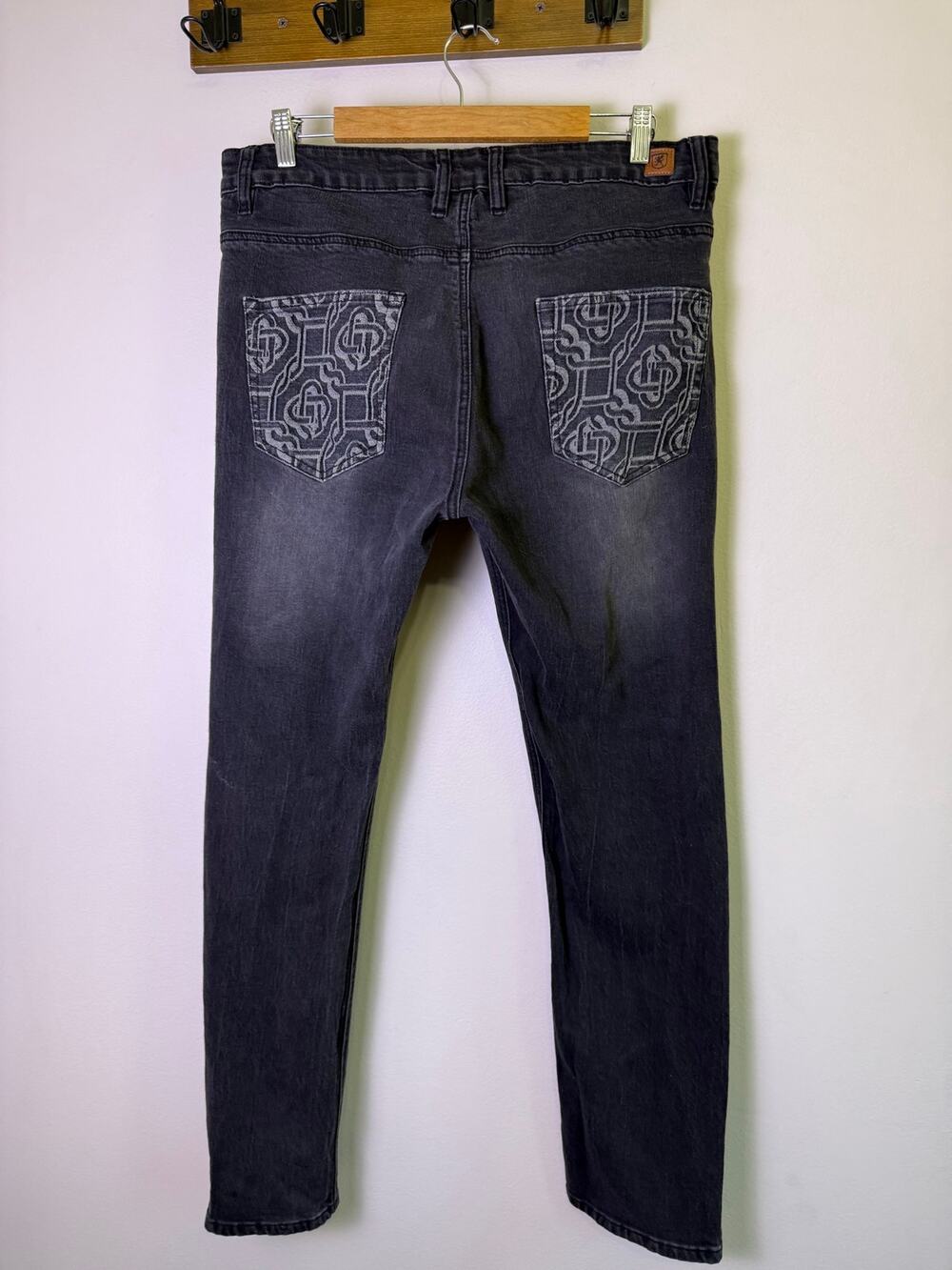 Stacy Adams Black Wash Straight Leg Jeans 36x32 Monogram Pocket Stretch Denim